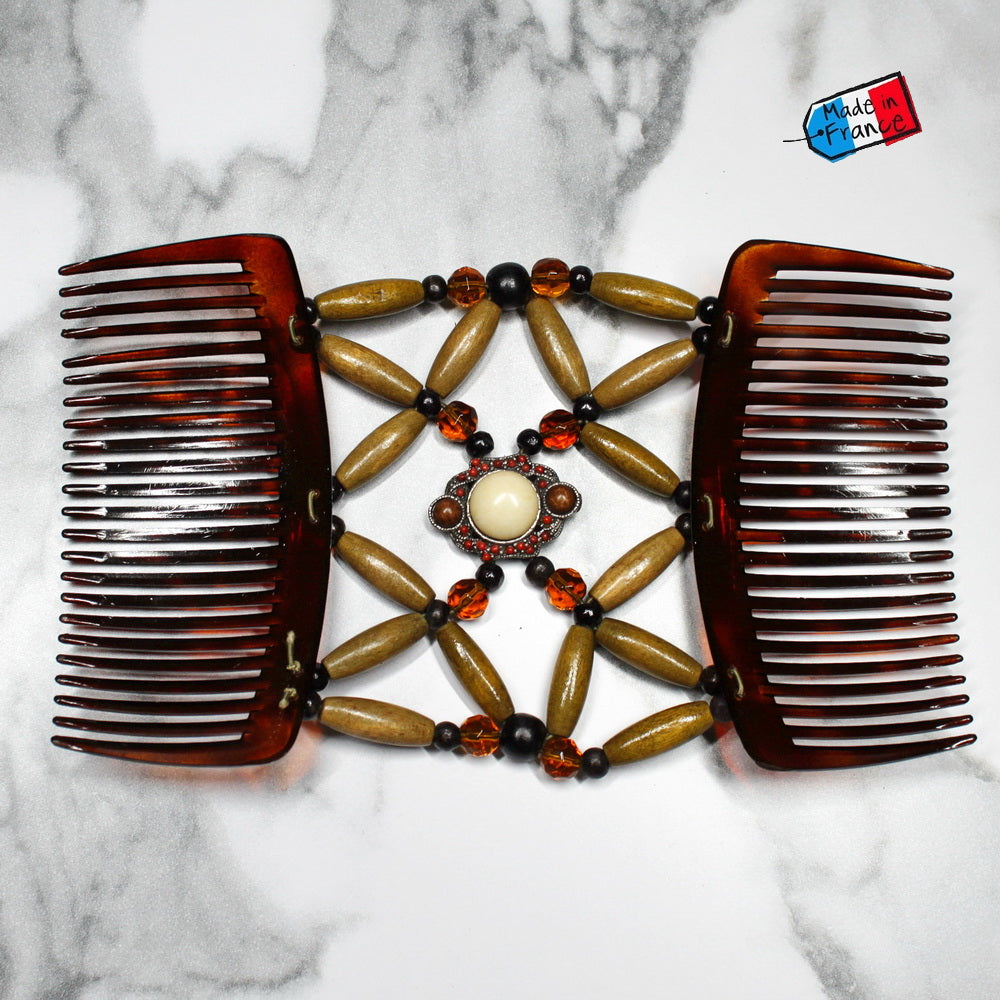 Peigne double cheveux - accessoire chignon en perles de bois beige made in France