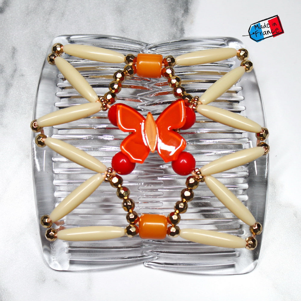 Peigne double cheveux élastique - accessoire chignon avec motif papillon et perles