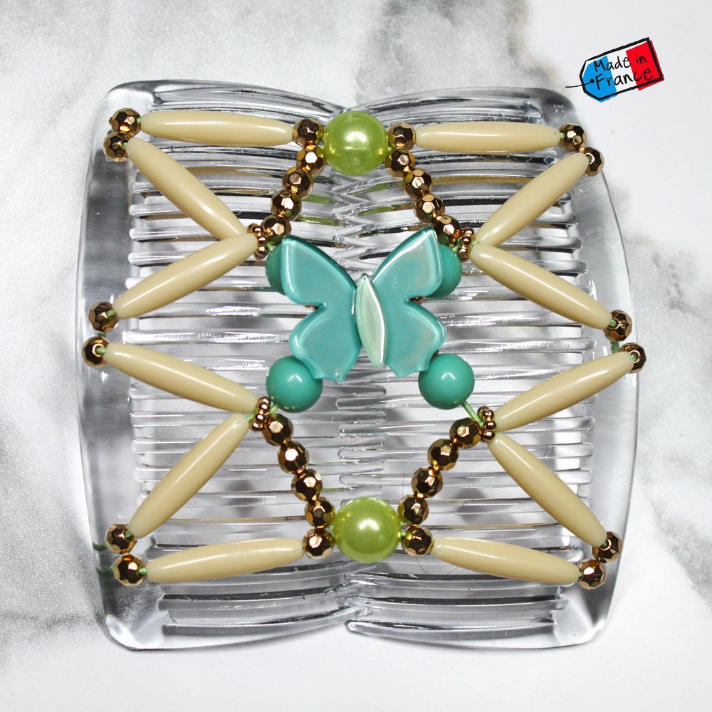 Peigne double cheveux élastique - accessoire chignon avec motif papillon et perles