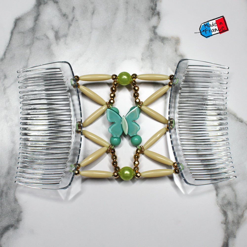 Peigne double cheveux élastique - accessoire chignon avec motif papillon et perles