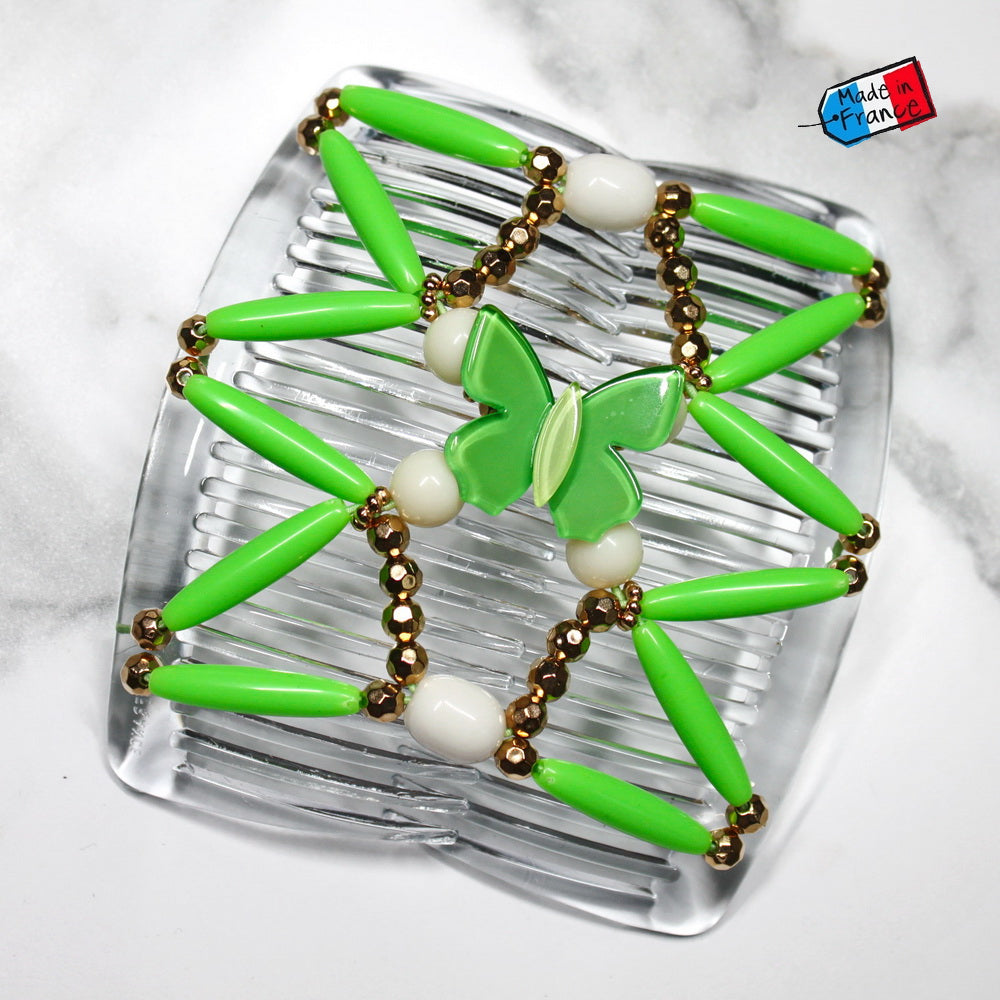 Peigne double cheveux élastique - accessoire chignon avec motif papillon et perles