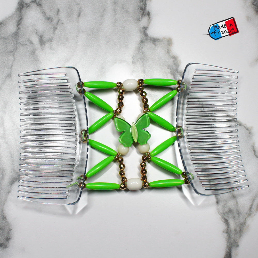 Peigne double cheveux élastique - accessoire chignon avec motif papillon et perles