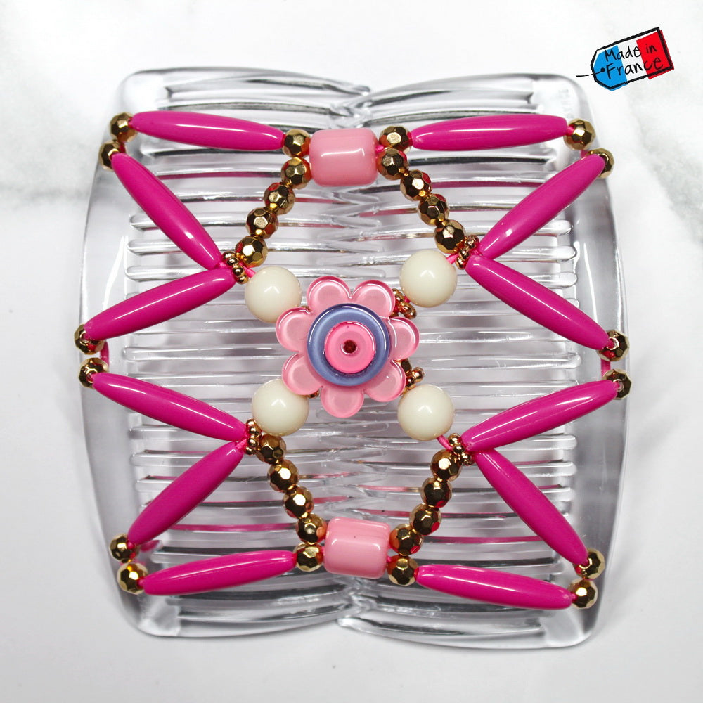 Peigne double cheveux élastique - accessoire chignon avec motif fleur et perles