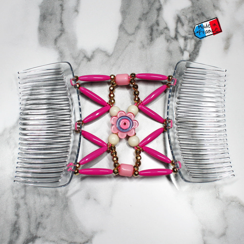 Peigne double cheveux élastique - accessoire chignon avec motif fleur et perles