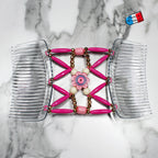 Peigne double cheveux élastique - accessoire chignon avec motif fleur et perles
