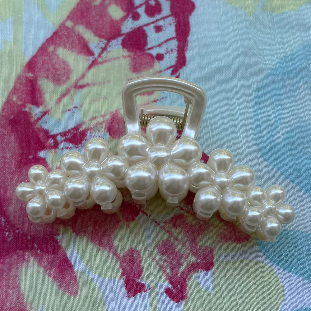 Grande pince crabe cheveux fleur perles 10cm, mariage