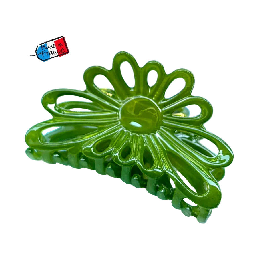 Pince à cheveux fleur 8cm vert – Made in France