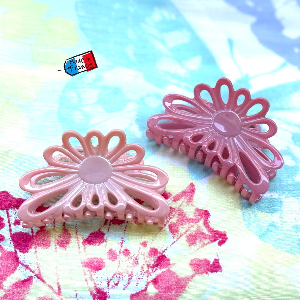 Pinces à cheveux fleur rose poudré 8cm – Made in France