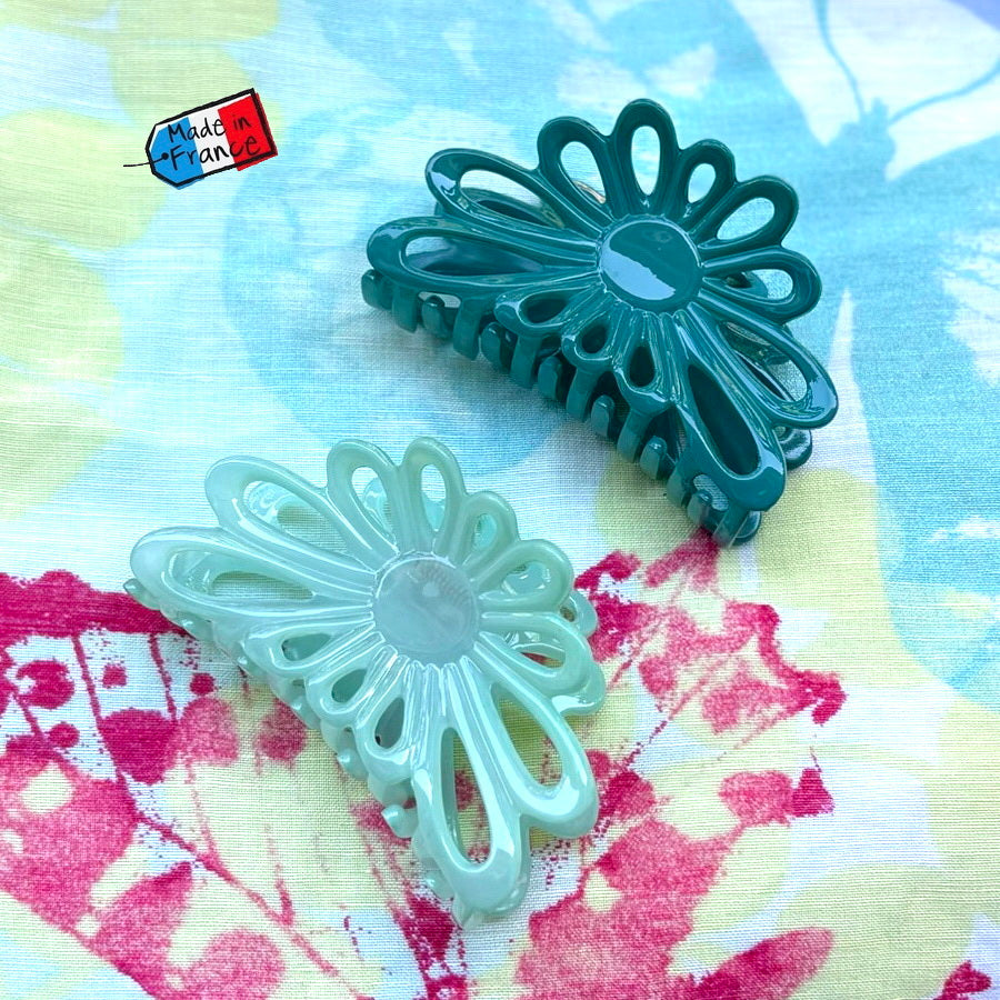 Pince à cheveux crabe fleur bleu 8cm – Made in France