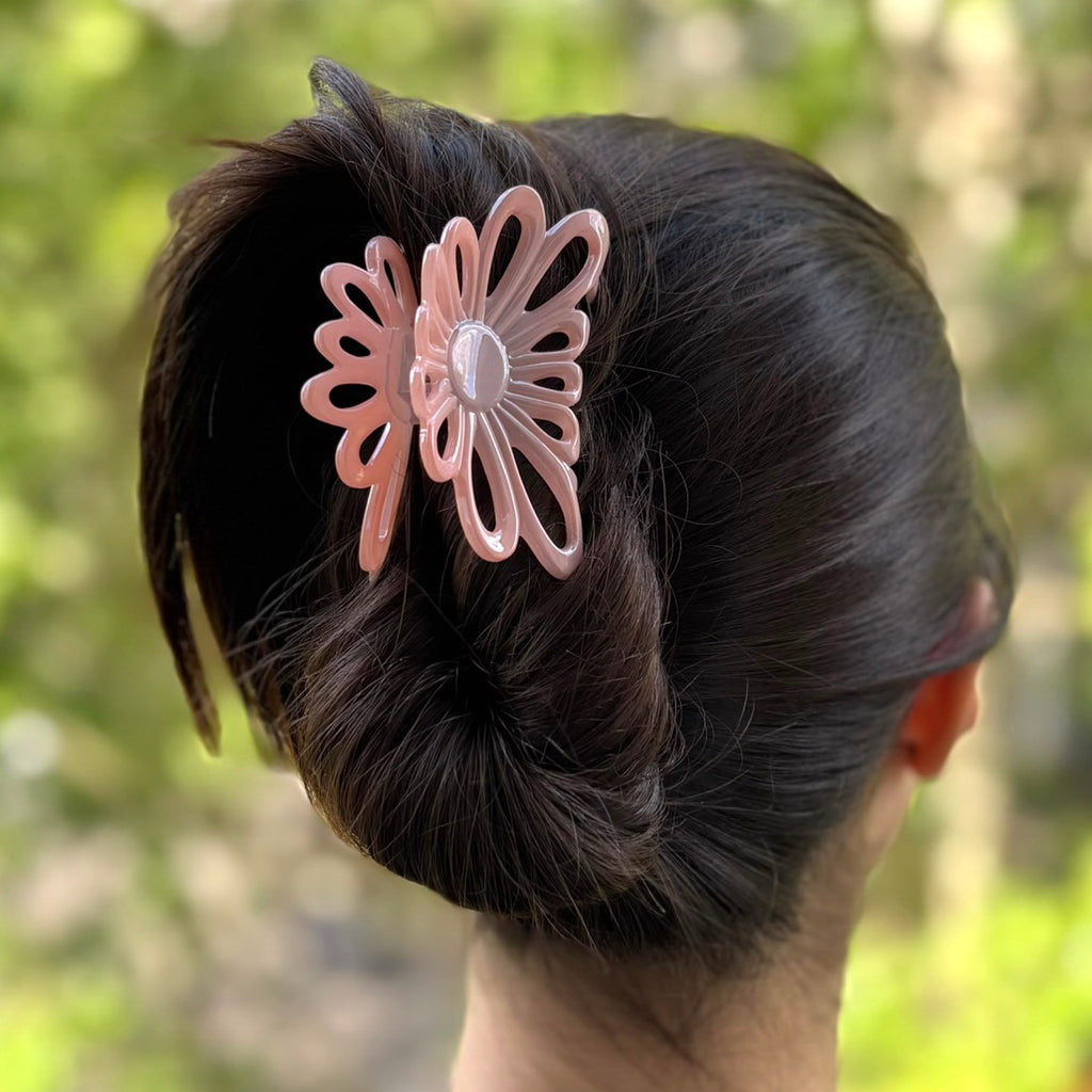 Pince cheveux fleur rose poudré 8cm – Made in France
