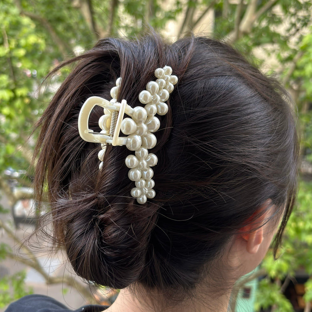 Grande pince crabe cheveux fleur perles 10cm