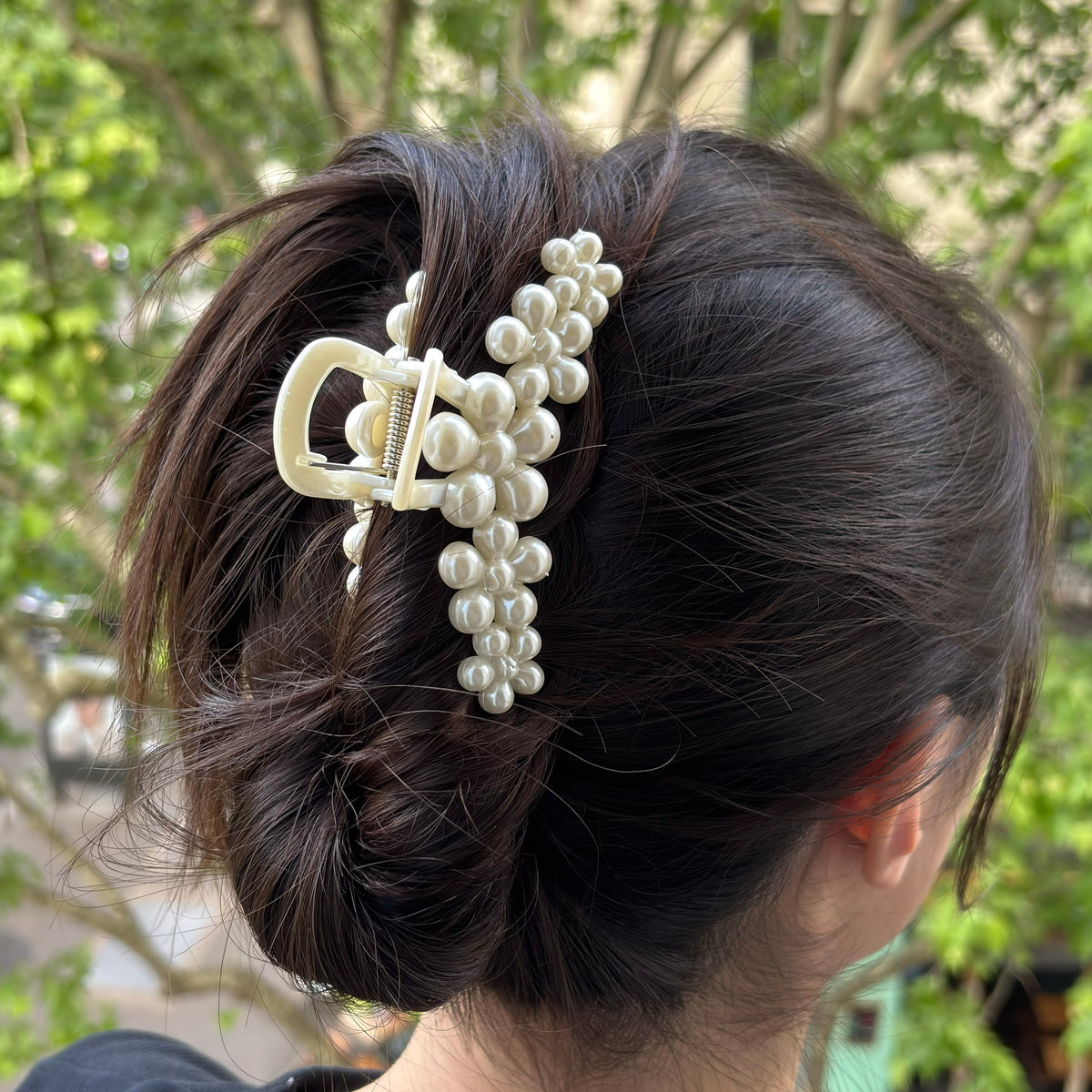 Grande pince crabe cheveux fleur perles 10cm