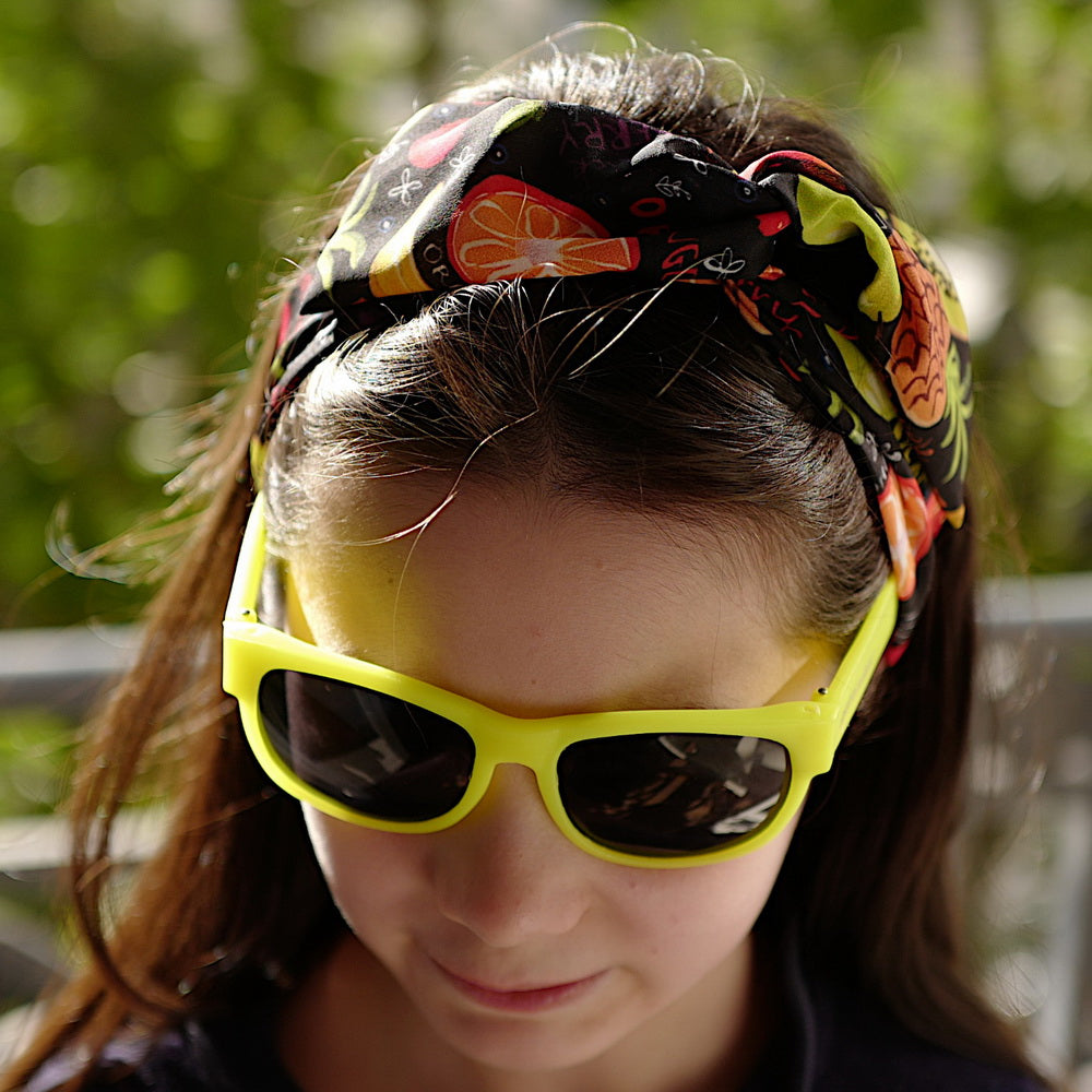 Bandeau cheveux croisé, tissu imprimé tutti frutti