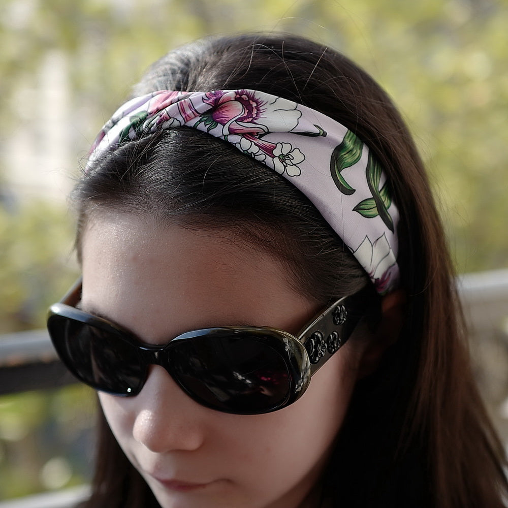 Serre-tête drapé satin mauve fleur 
