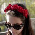 Serre-tête velours fleurs rose satin