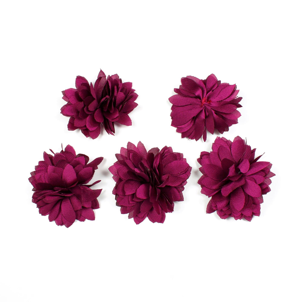 Lot de 5 petites fleurs en tissu satiné 45mm cousues à la main - lie de vin