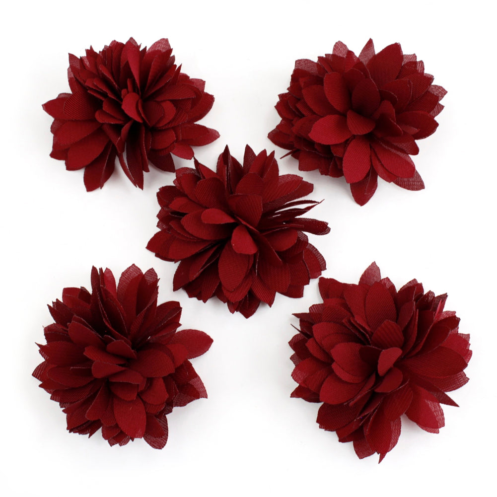 Lot de 5 petites fleurs en tissu satiné 45mm cousues à la main - bordeaux