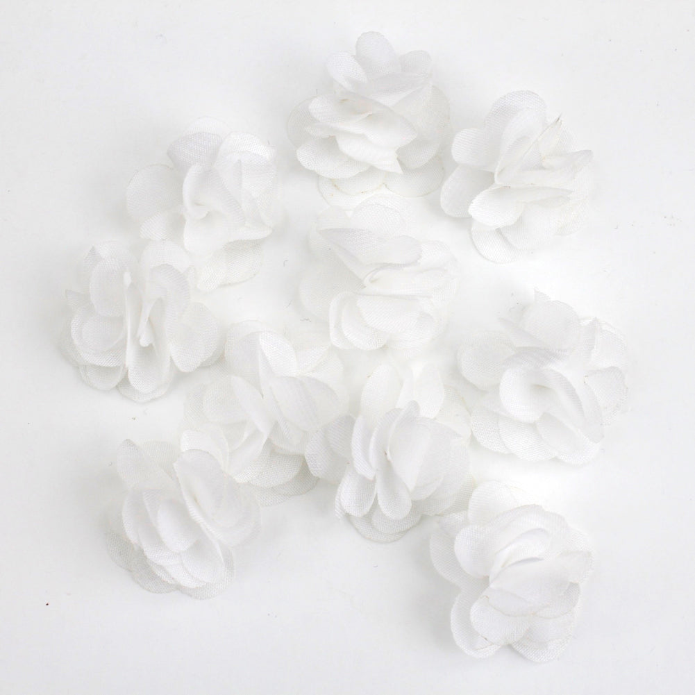 Lot de 10 petites fleurs en tissu voile 30mm cousues à la main - blanc