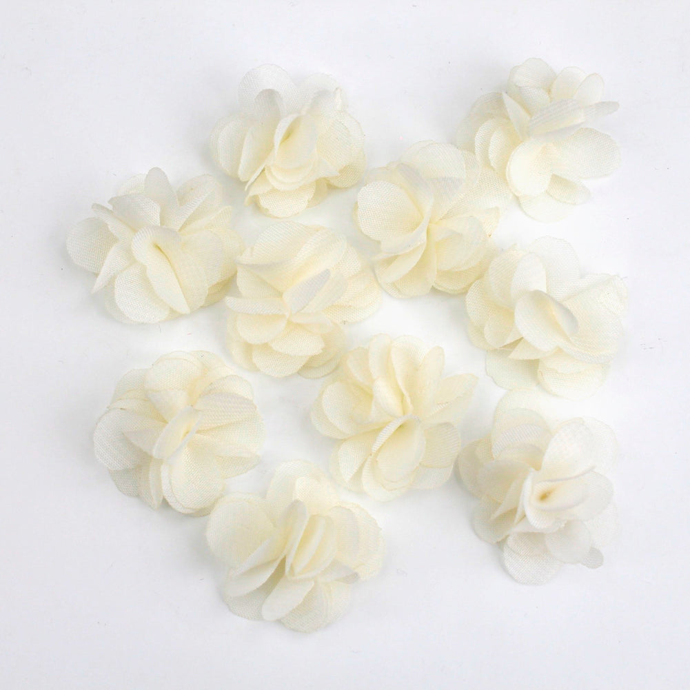 Lot de 10 petites fleurs en tissu voile 30mm cousues à la main - ivoire