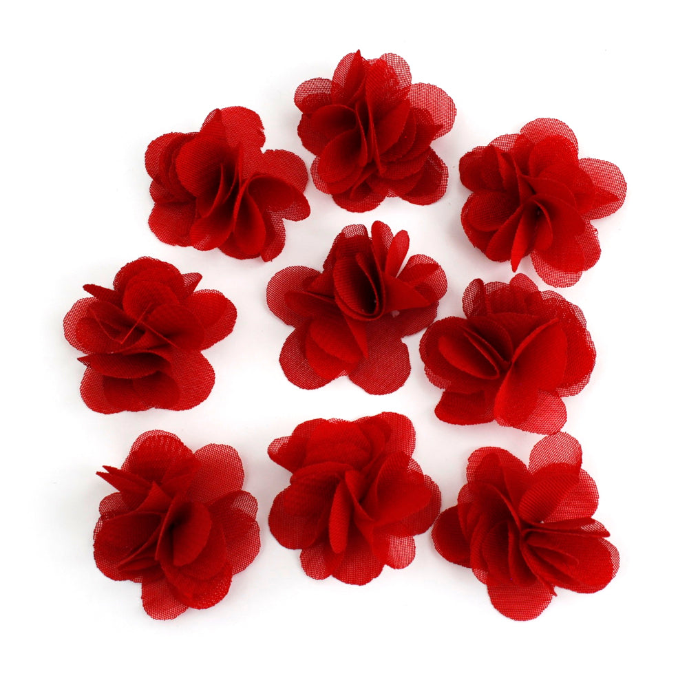 Lot de 10 petites fleurs en tissu voile 30mm cousues à la main - rouge foncé