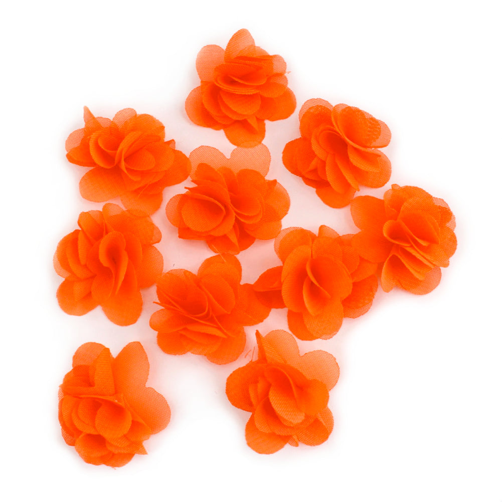 Lot de 10 petites fleurs en tissu voile 3cm cousues à la main - orange fluo 