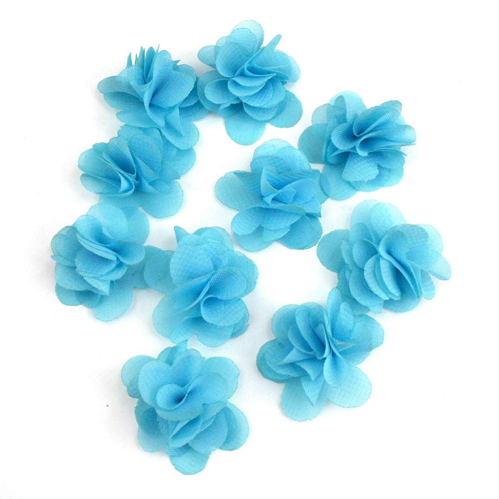 Lot de 10 petites fleurs en tissu voile 30mm cousues à la main - bleu 