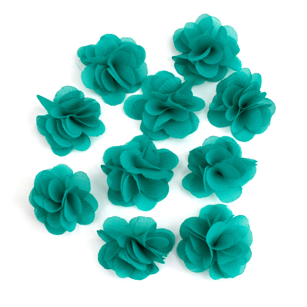 Lot de 10 petites fleurs en tissu voile 30mm cousues à la main - bleu turquoise