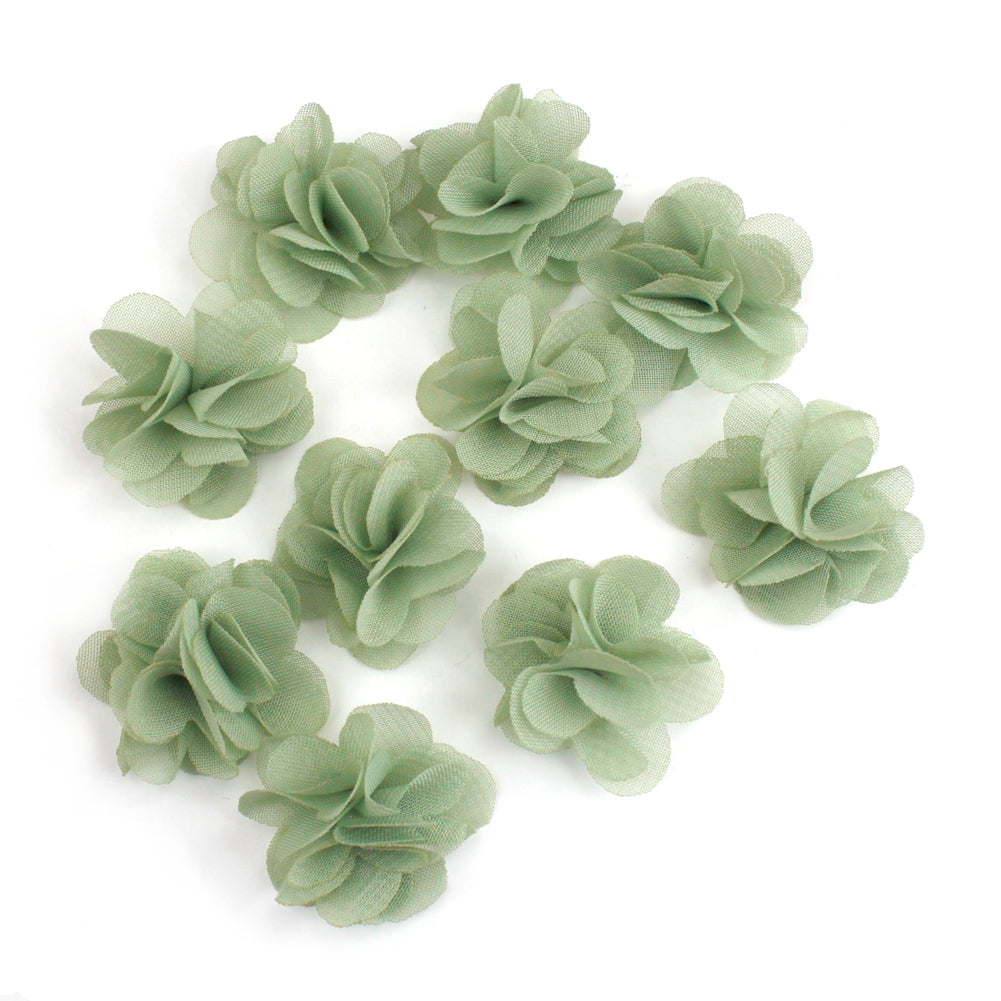 Lot de 10 petites fleurs en tissu voile 30mm cousues à la main - vert céladon