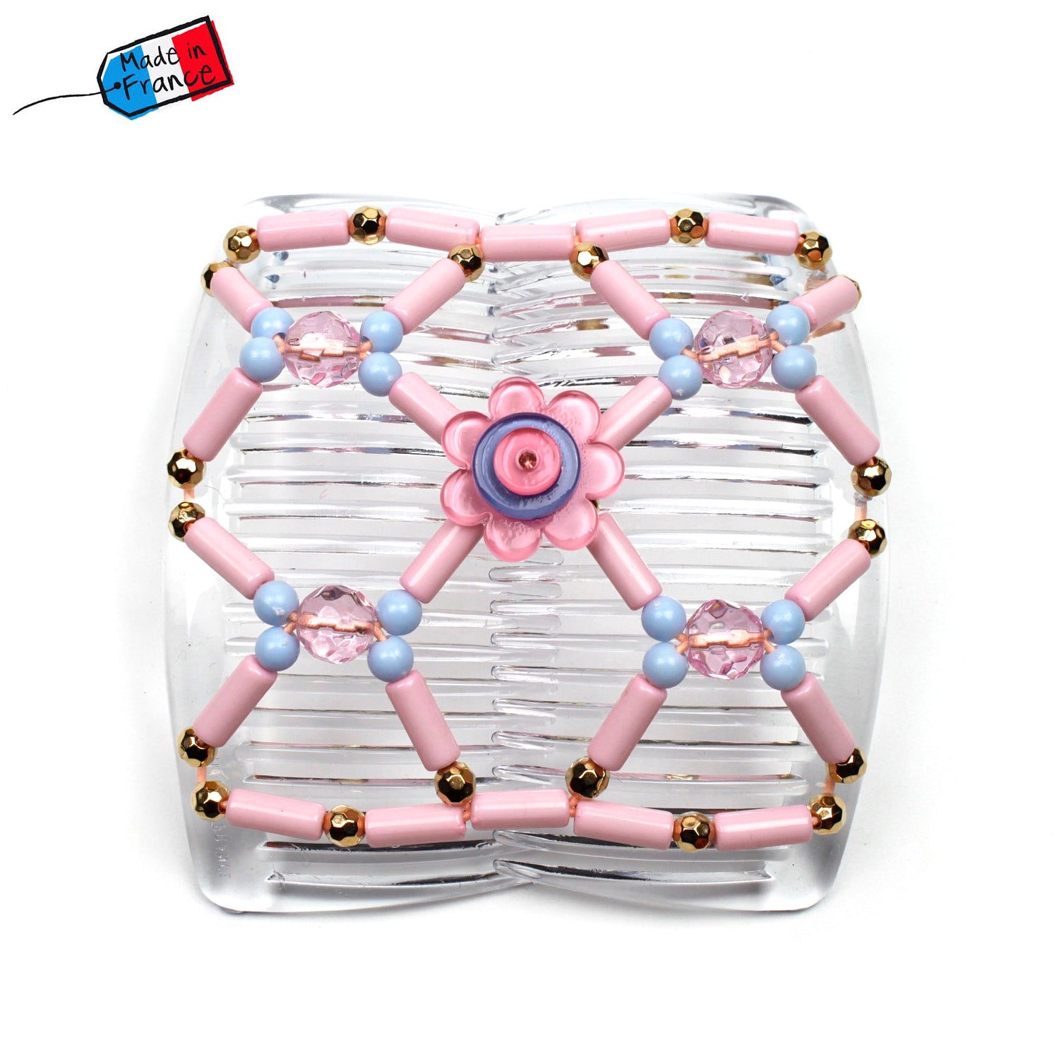 Double peigne cheveux élastique pour chignon avec fleur et perles made in France - ShuShu