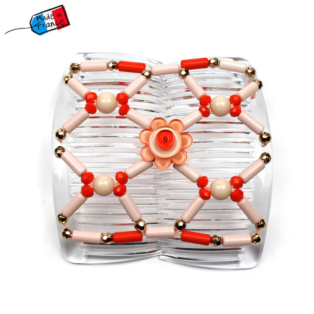 Double peigne cheveux élastique pour chignon avec fleur et perles made in France - ShuShu