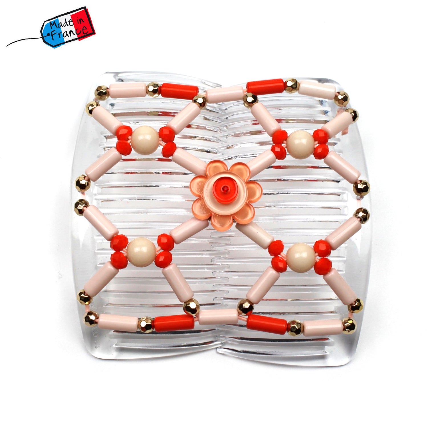 Double peigne cheveux élastique pour chignon avec fleur et perles made in France - ShuShu