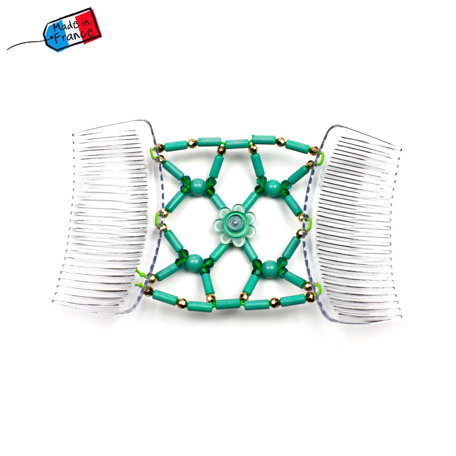 Double peigne cheveux élastique pour chignon avec fleur et perles made in France - ShuShu