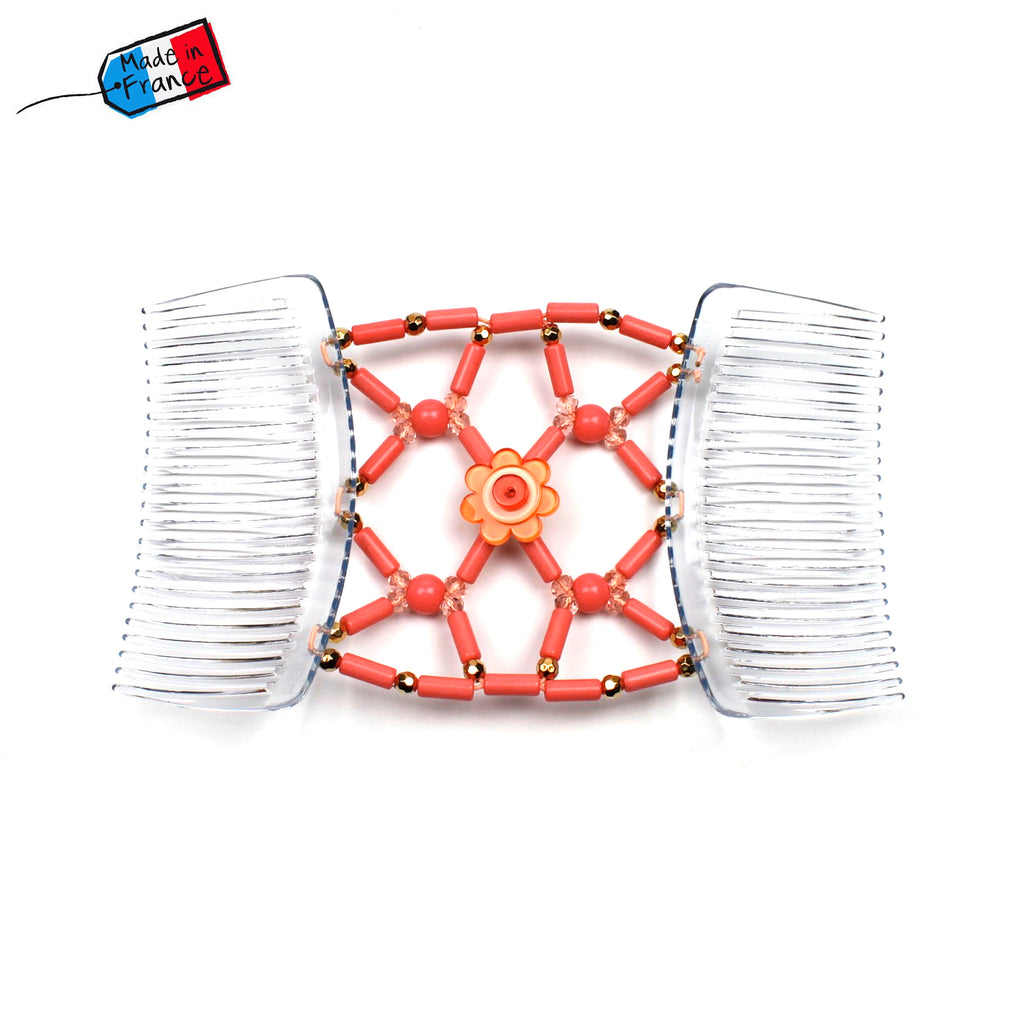 Double peigne cheveux élastique pour chignon avec fleur et perles made in France - ShuShu