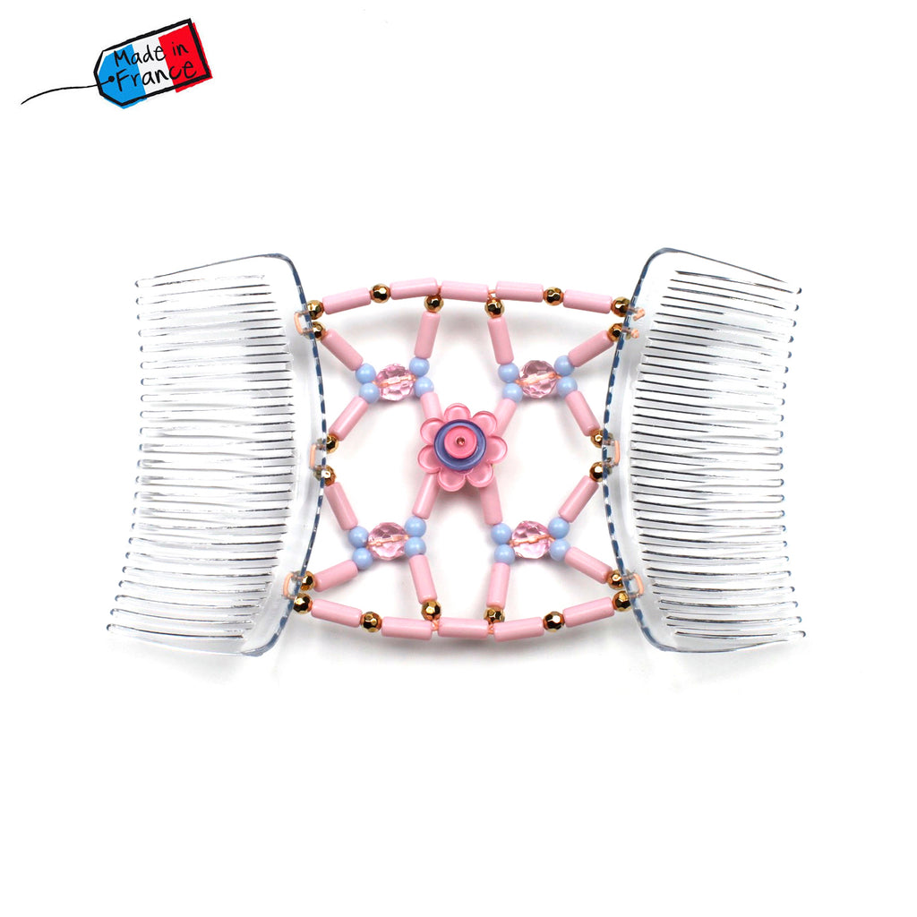 Double peigne cheveux élastique pour chignon avec fleur et perles made in France - ShuShu