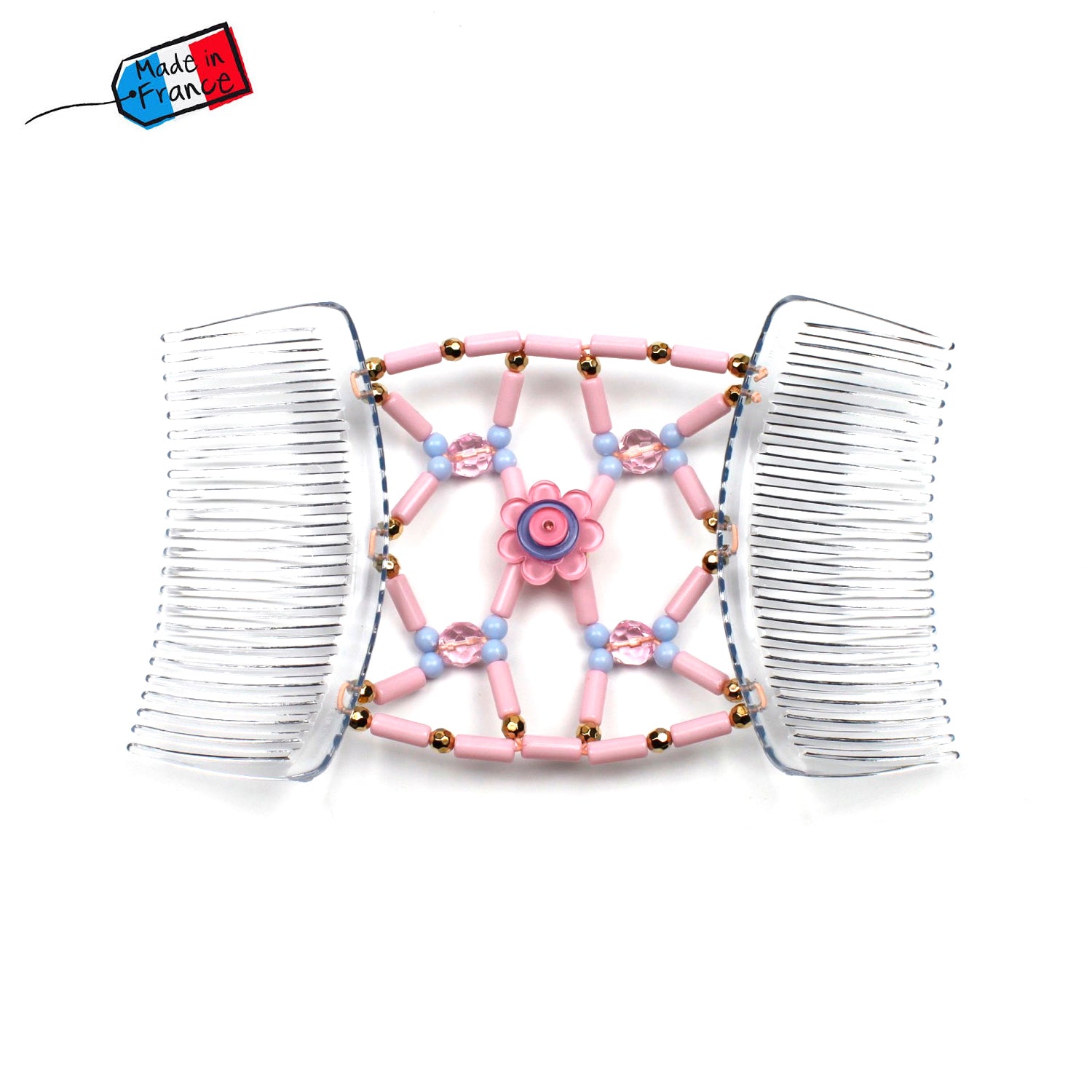 Double peigne cheveux élastique pour chignon avec fleur et perles made in France - ShuShu