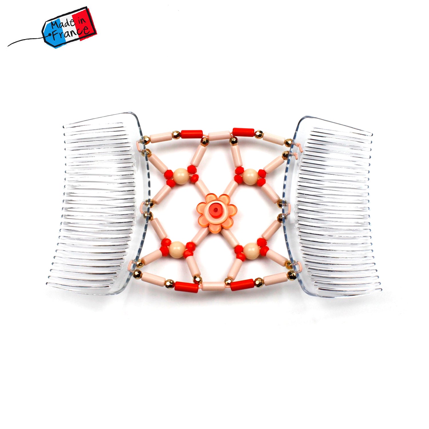 Double peigne cheveux élastique pour chignon avec fleur et perles made in France - ShuShu