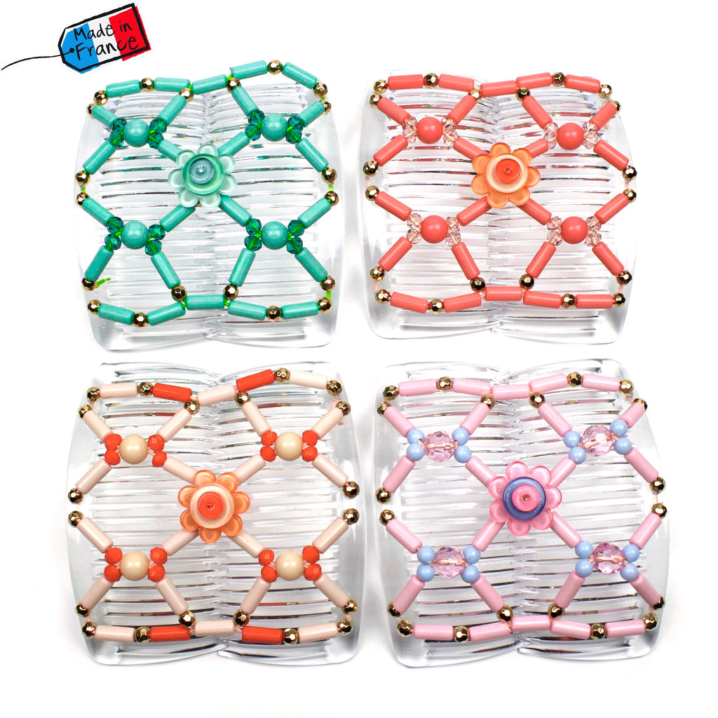 Double peigne cheveux élastique pour chignon avec fleur et perles made in France - ShuShu