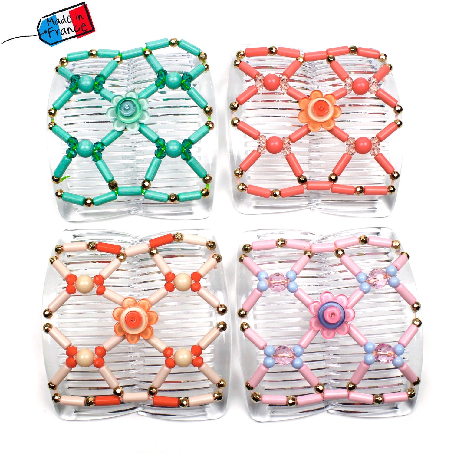 Double peigne cheveux élastique pour chignon avec fleur et perles made in France - ShuShu
