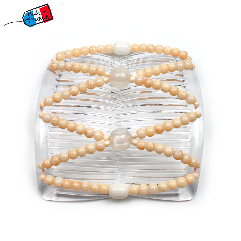 Peigne cheveux élastique en perles rondes beige naturel made in France - ShuShu