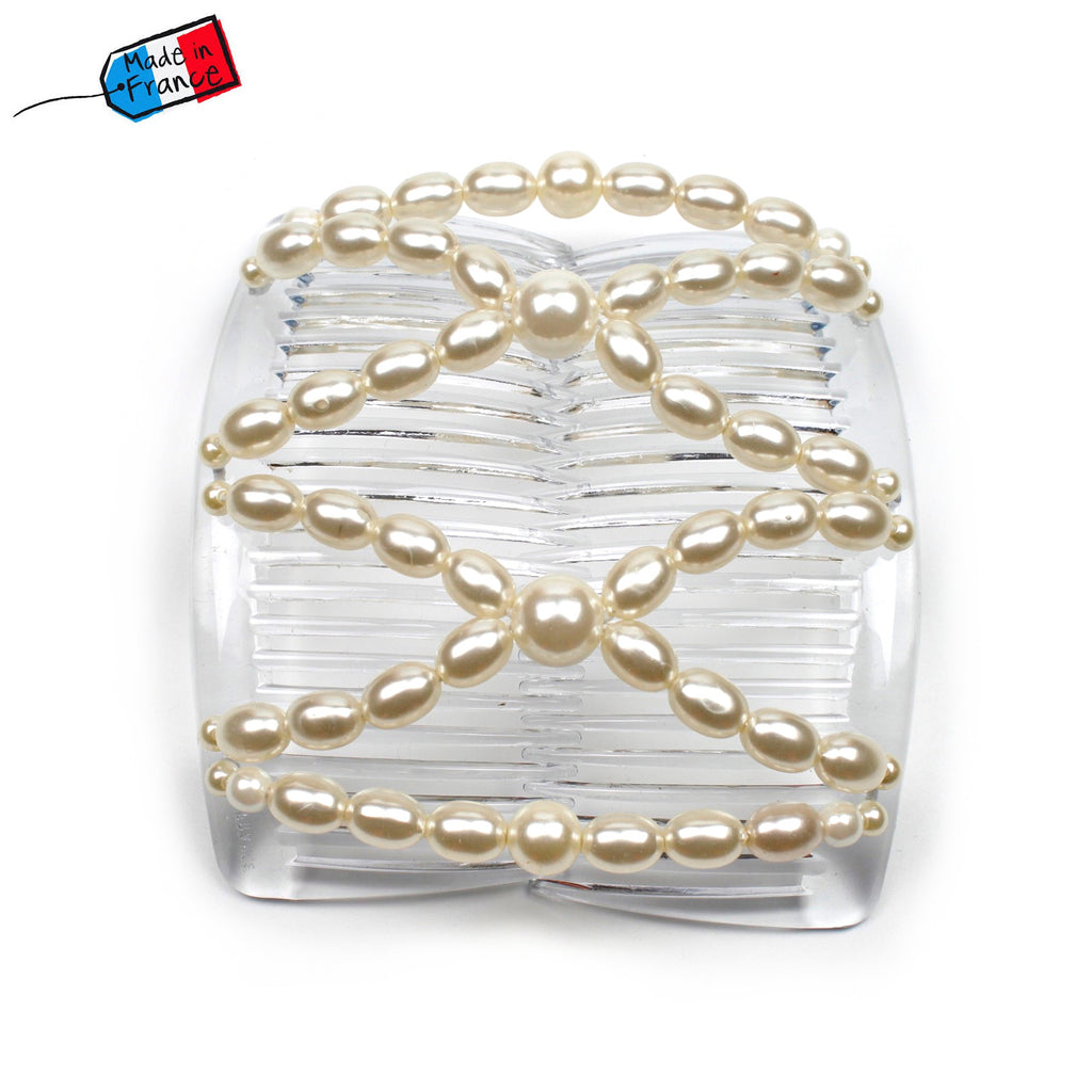 Peigne cheveux élastique en perles ivoires made in France - ShuShu