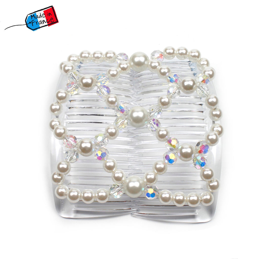 Peigne cheveux élastique - accessoire cheveux en perles rondes - blanc nacré