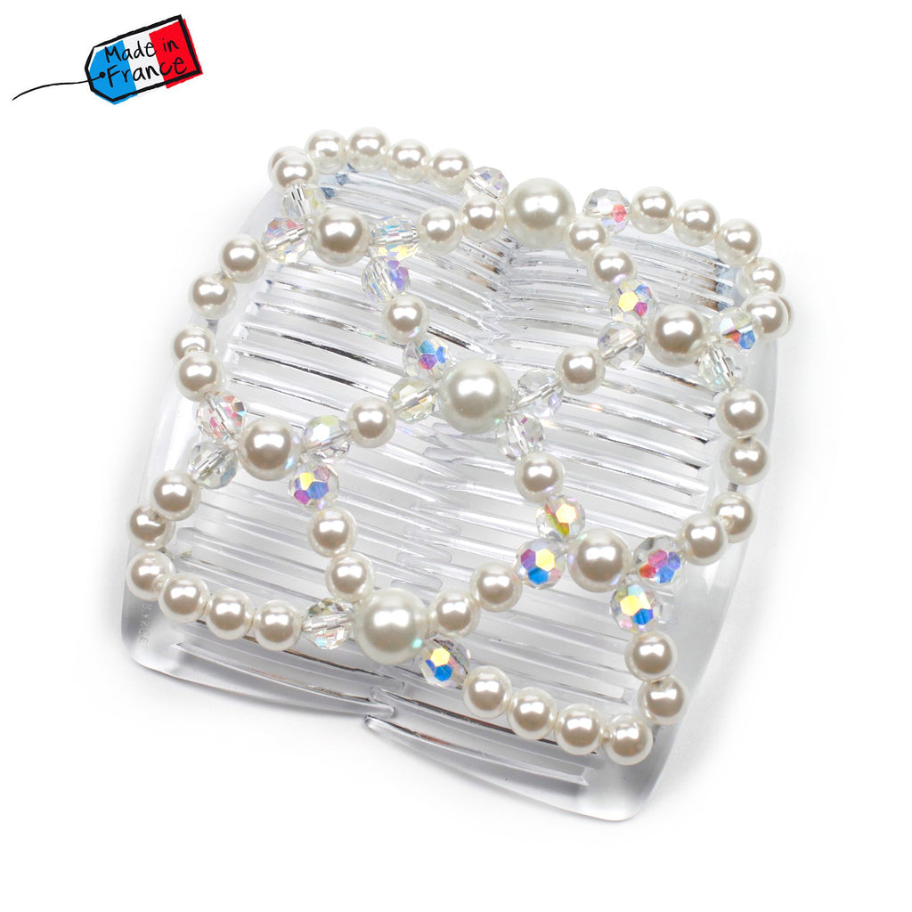 Peigne cheveux élastique - accessoire cheveux en perles rondes - blanc nacré