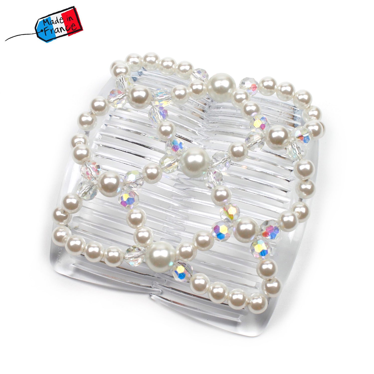 Peigne cheveux élastique - accessoire cheveux en perles rondes - blanc nacré