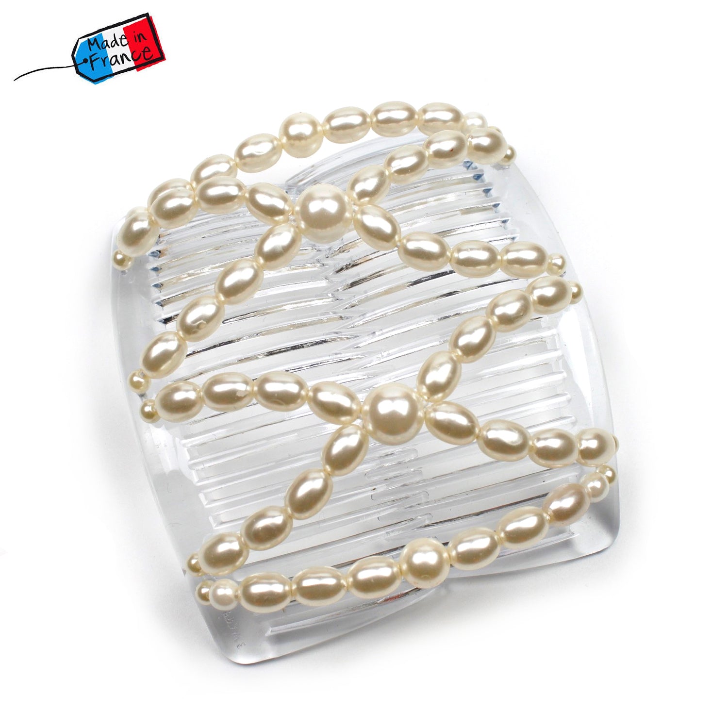 Peigne cheveux élastique en perles ivoires made in France - ShuShu