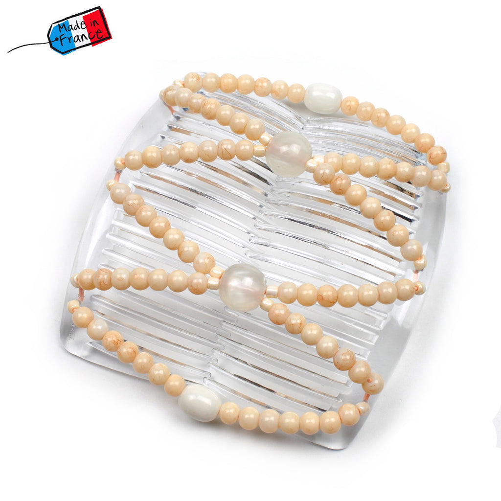 Peigne cheveux élastique en perles rondes beige naturel made in France - ShuShu