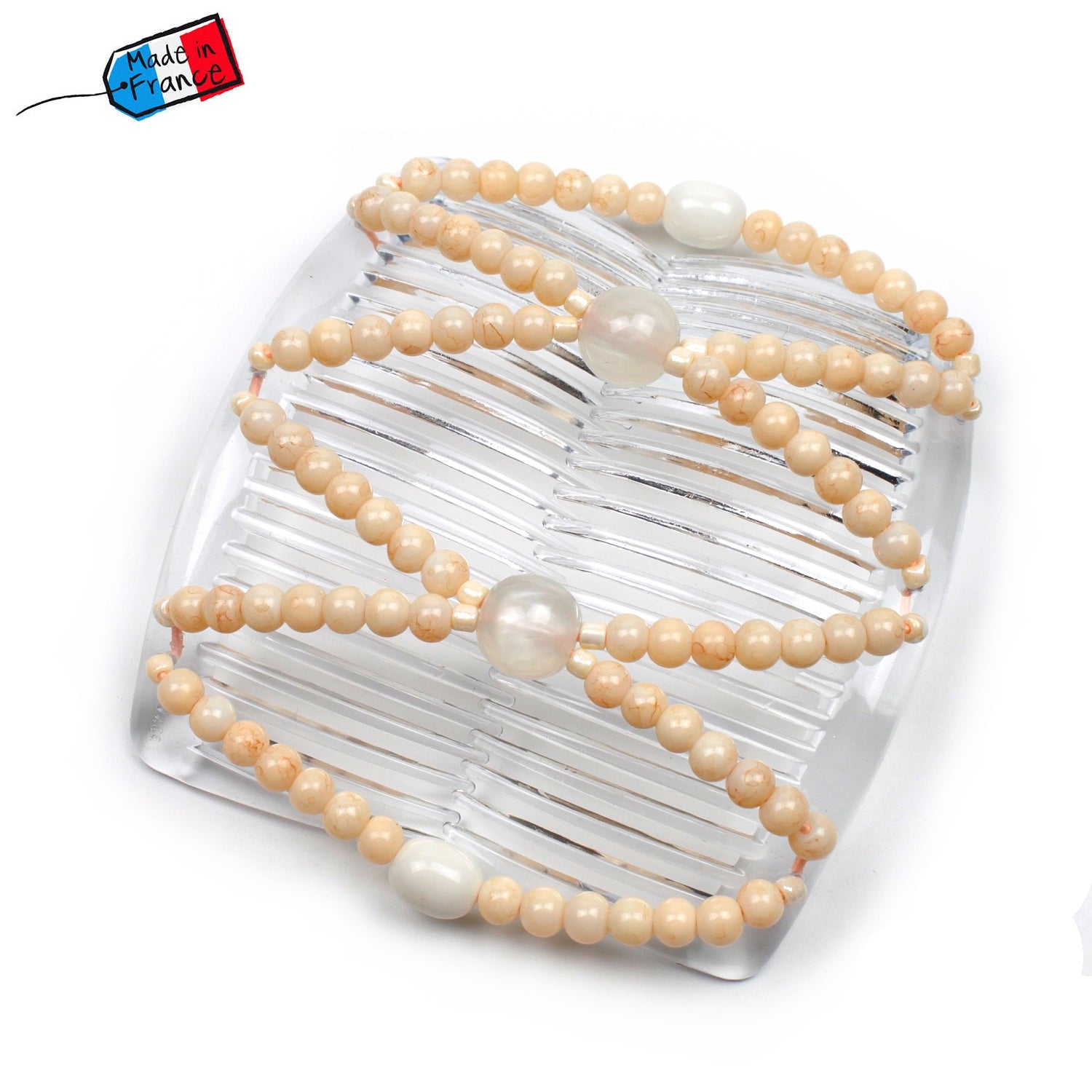 Peigne cheveux élastique en perles rondes beige naturel made in France - ShuShu