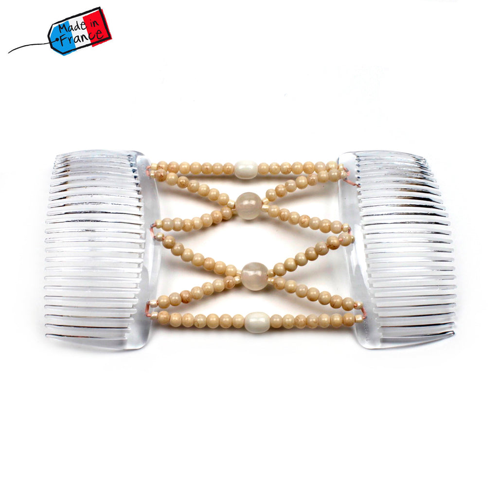 Peigne cheveux élastique - accessoire cheveux en perles beige naturel made in France