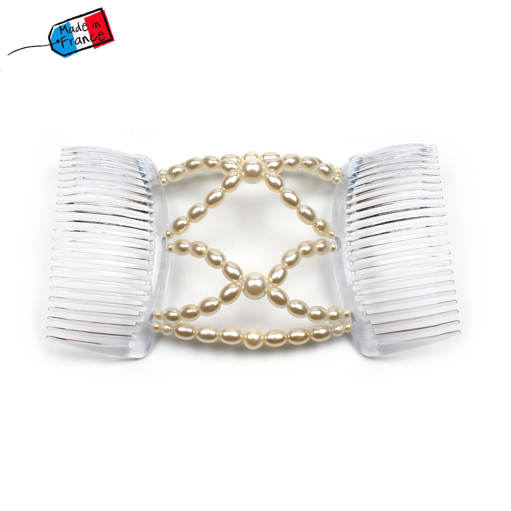 Peigne cheveux élastique en perles ivoires made in France - ShuShu