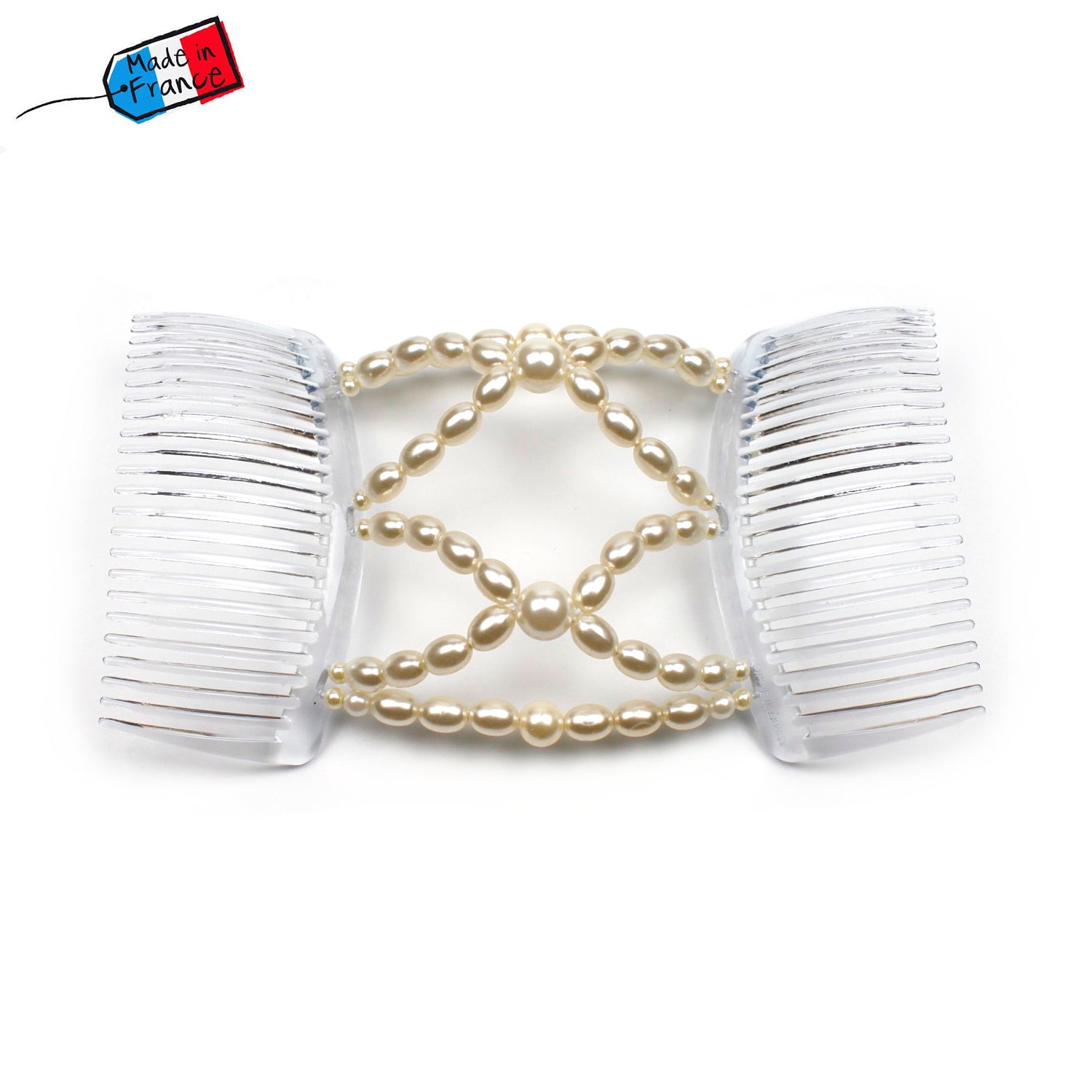 Peigne cheveux élastique en perles ivoires made in France - ShuShu
