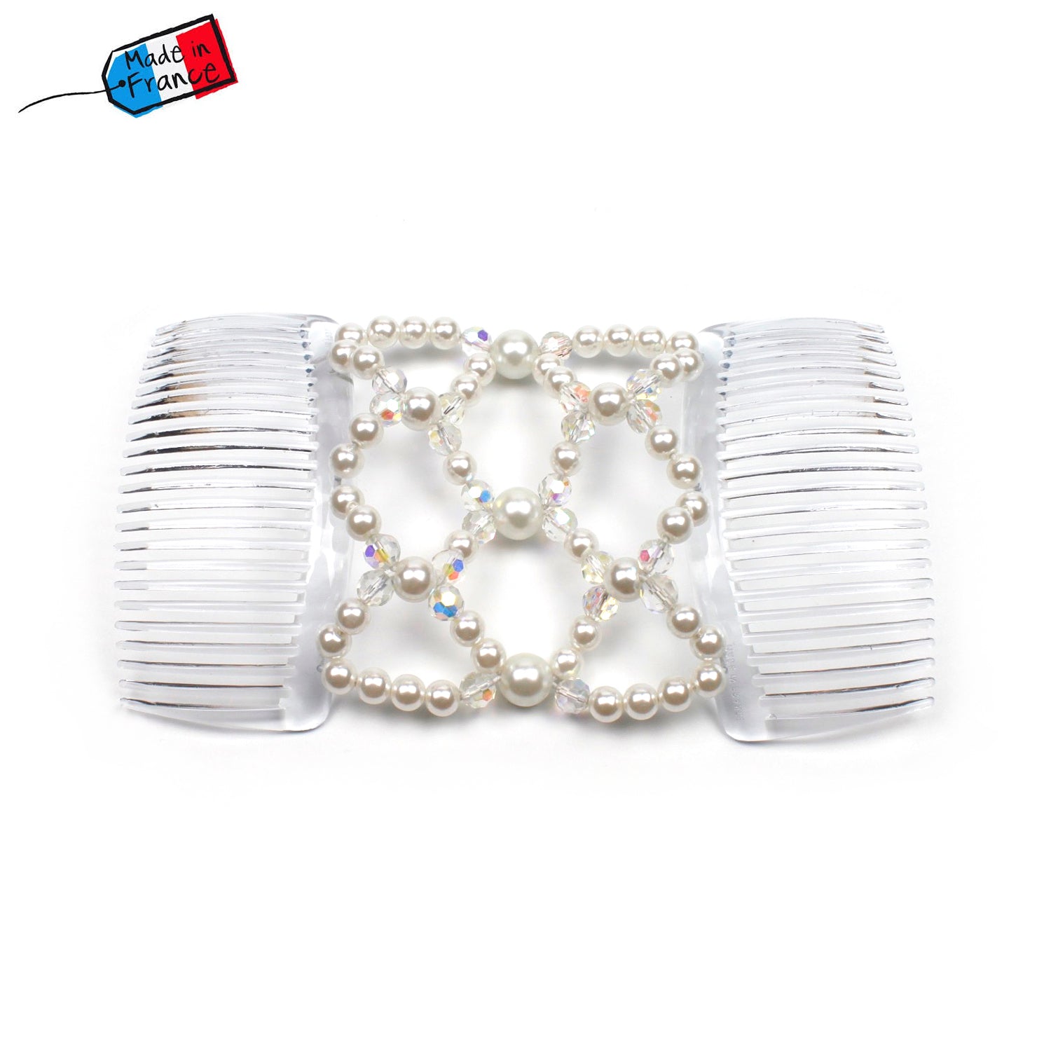 Peigne cheveux élastique - accessoire cheveux en perles rondes - blanc nacré